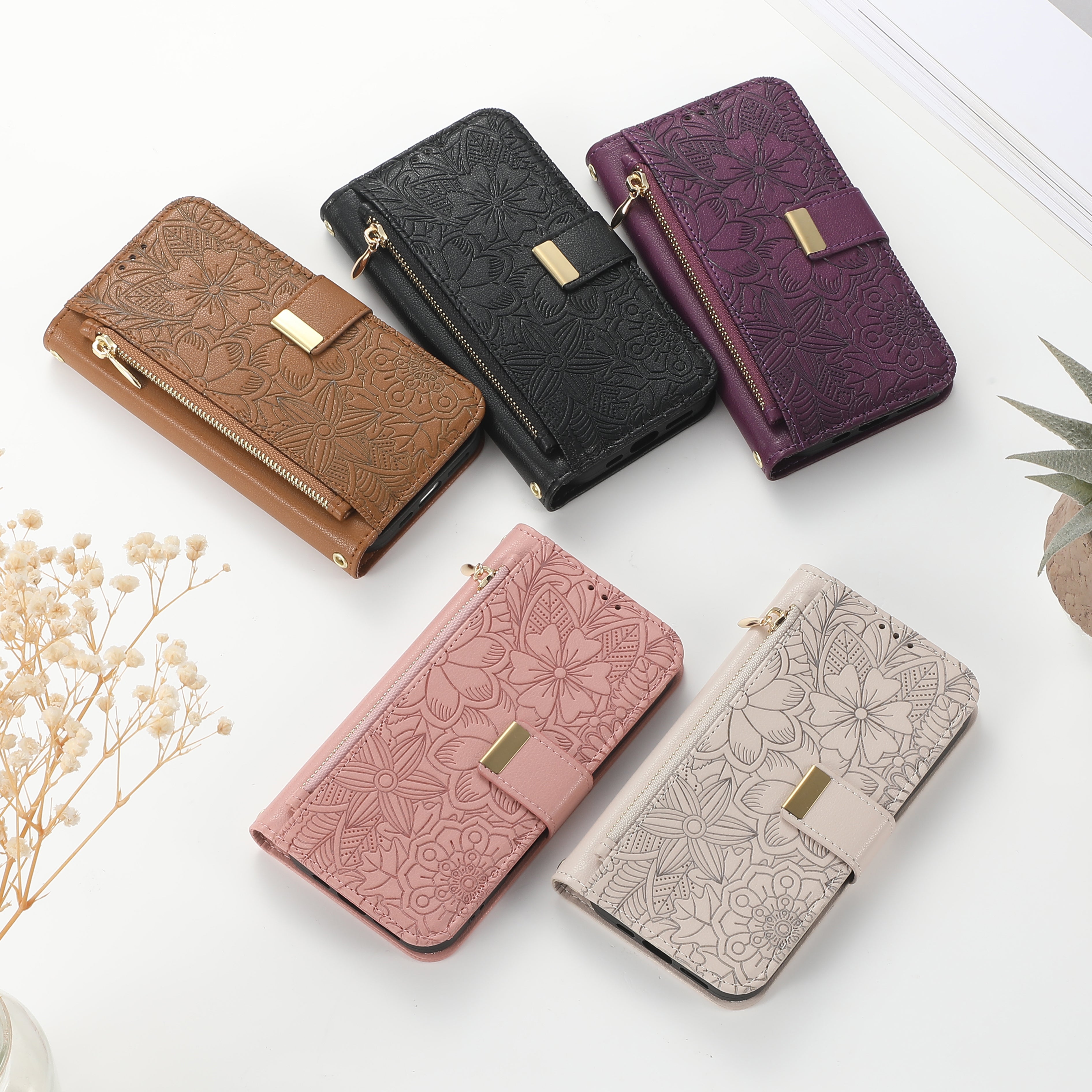 ANKAW Fashionable and Elegant Floral Pattern Zipper Wrist Phone Case