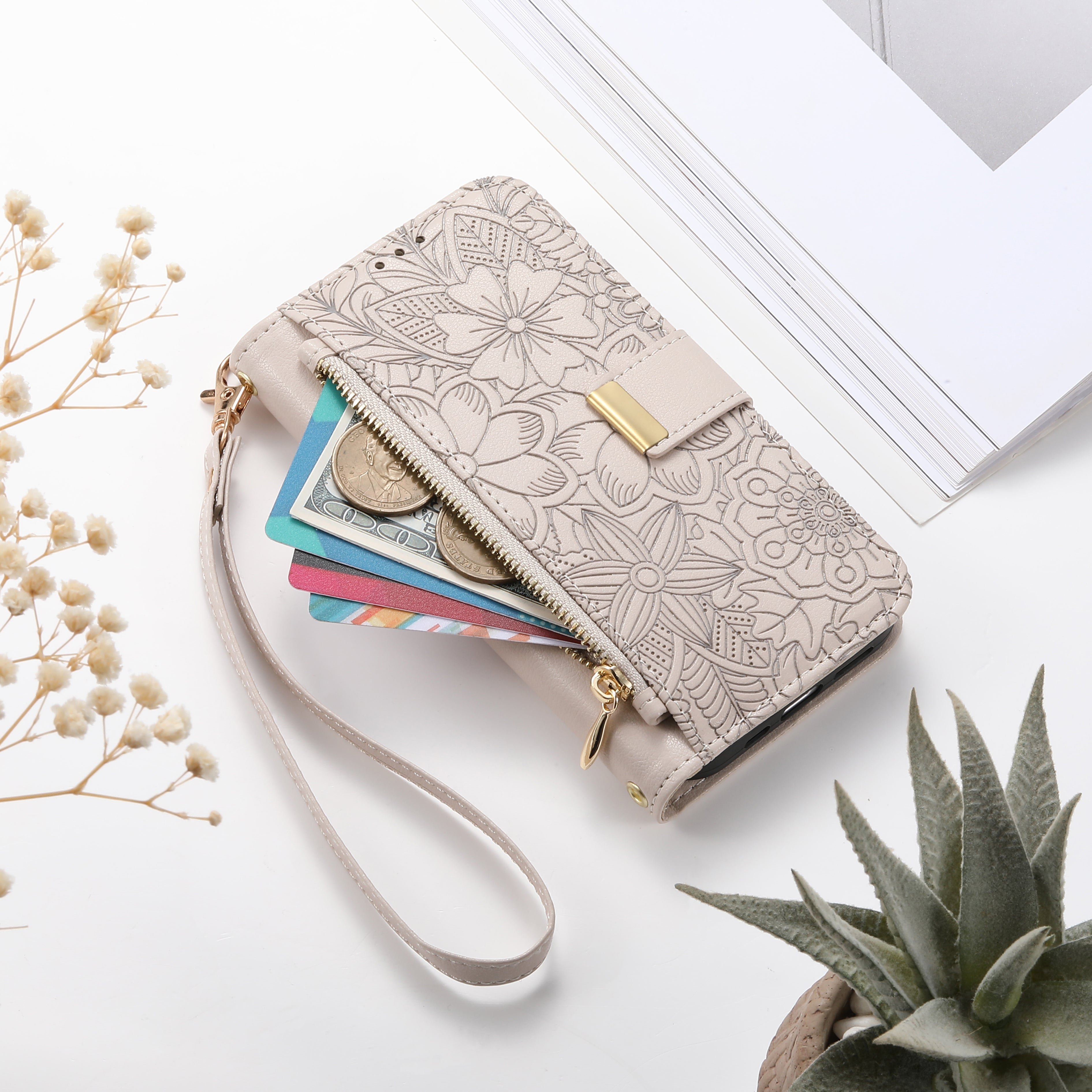 ANKAW Fashionable and Elegant Floral Pattern Zipper Wrist Phone Case