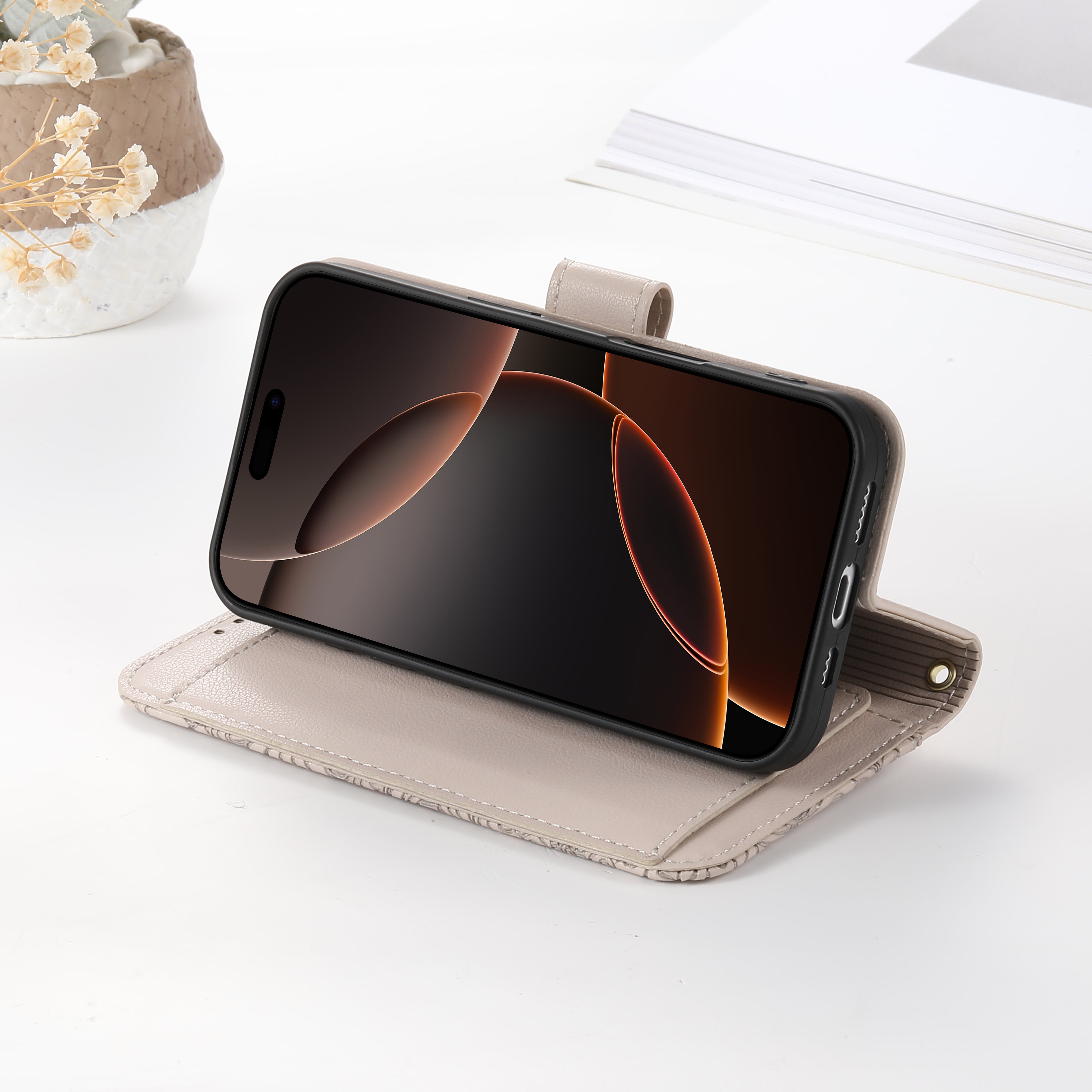 ANKAW Fashionable and Elegant Floral Pattern Zipper Wrist Phone Case