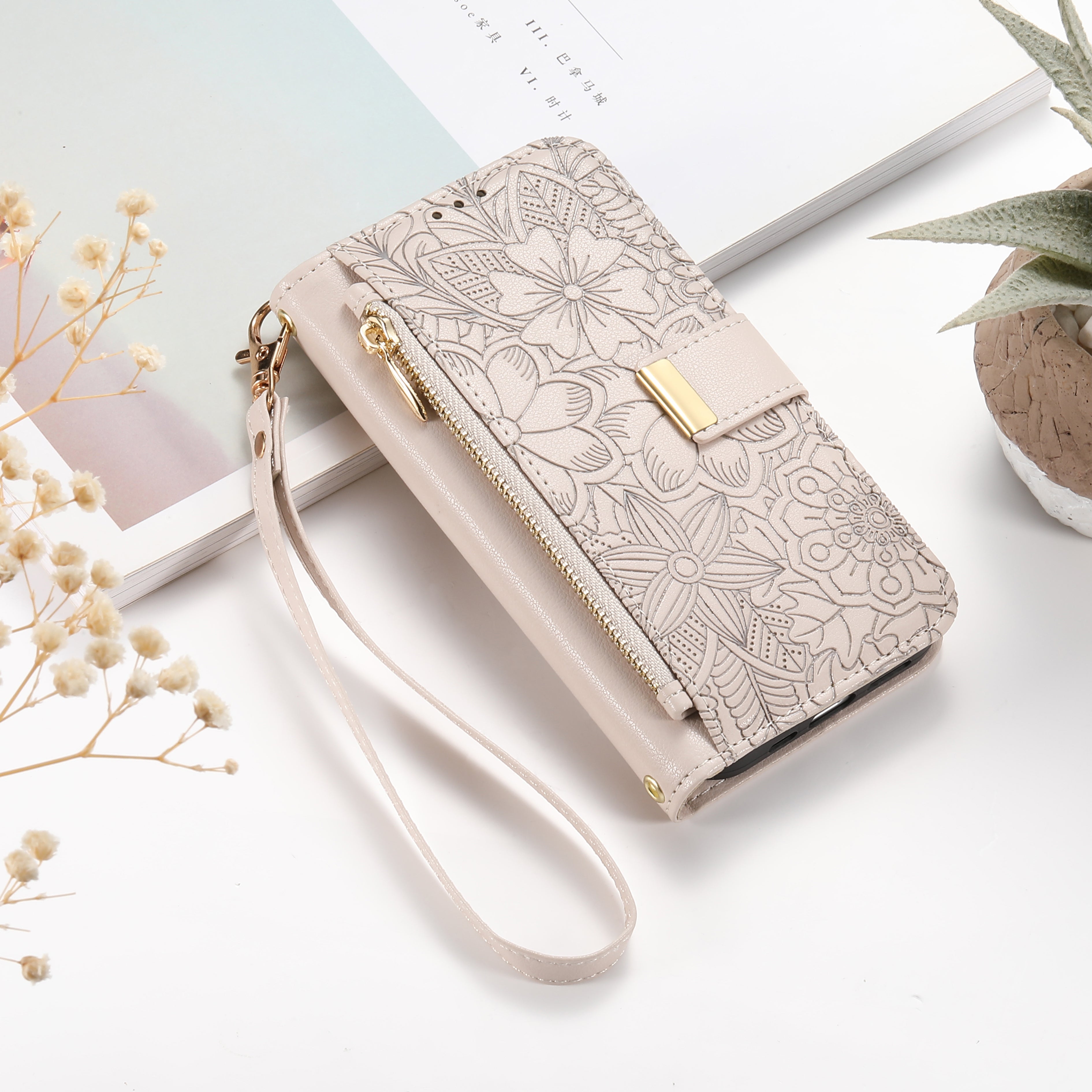 ANKAW Fashionable and Elegant Floral Pattern Zipper Wrist Phone Case