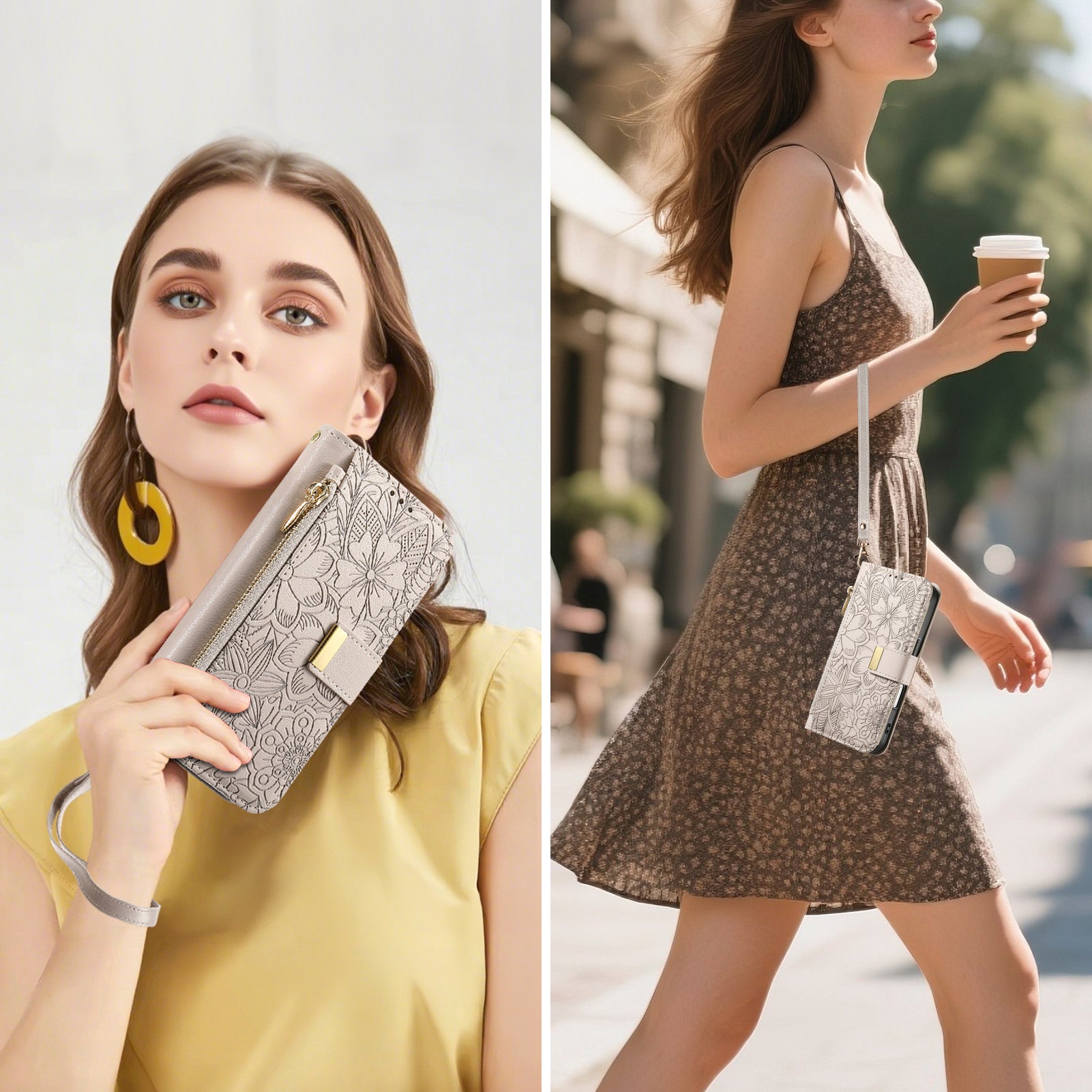 ANKAW Fashionable and Elegant Floral Pattern Zipper Wrist Phone Case