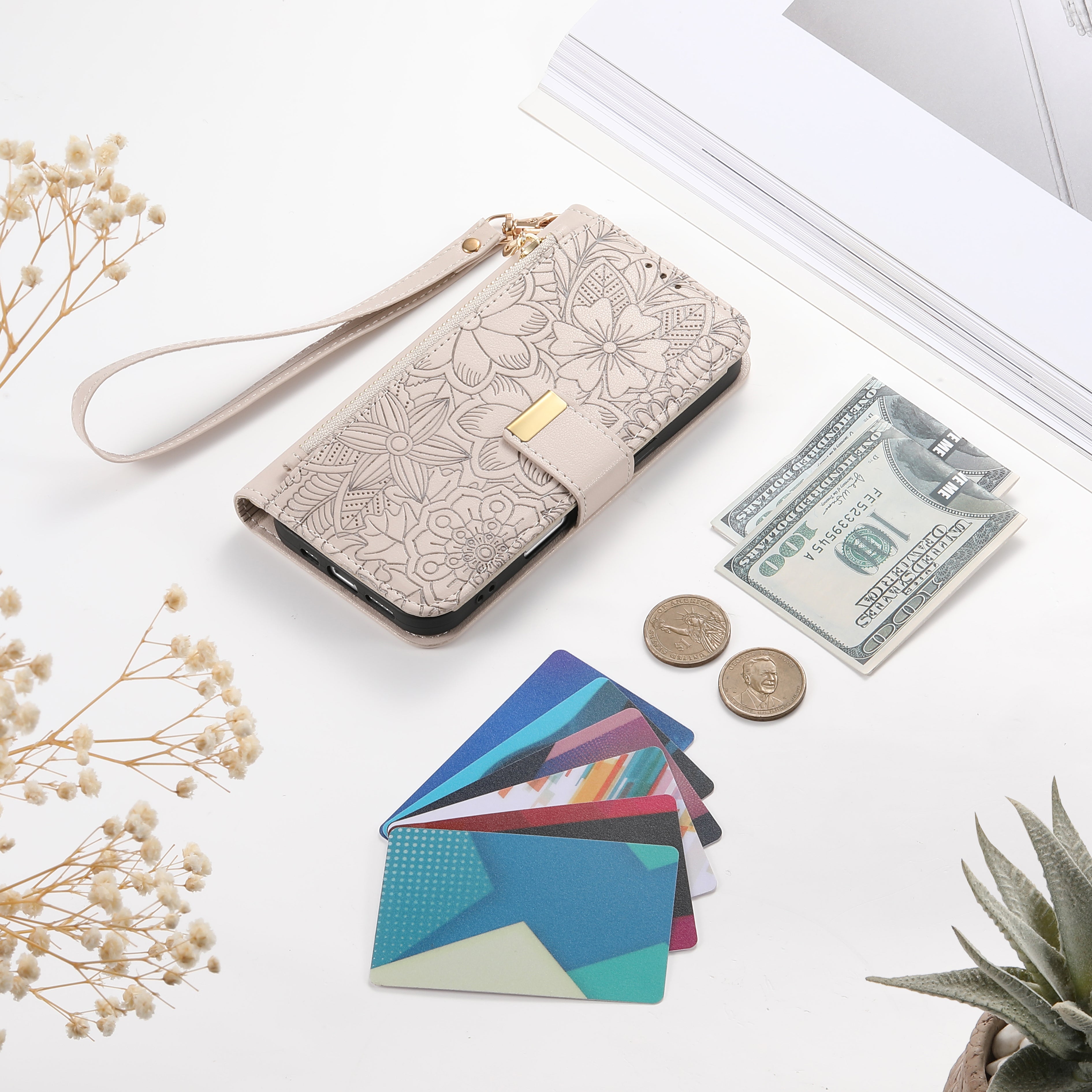 ANKAW Fashionable and Elegant Floral Pattern Zipper Wrist Phone Case