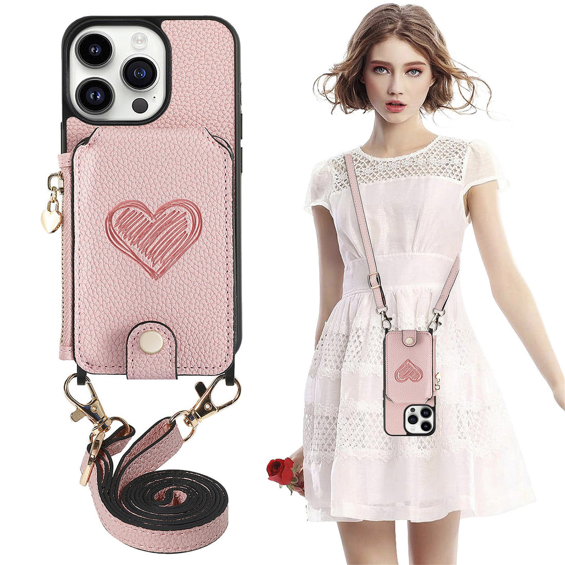 Ankaw heart zip crossbody leather phone case wallet